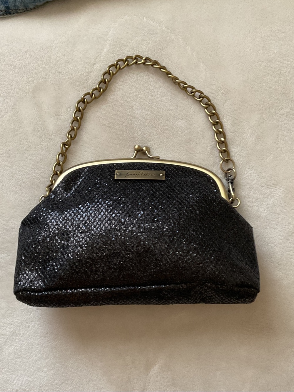 Jenny Packham Black Sequin Evening Wristlet with Gold Chain